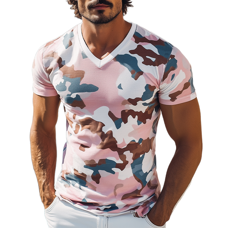 Men's Summer Fashion Casual Cotton Blended Camouflage Print Slim Fit Short Sleeve T-Shirt MTA2750D3K