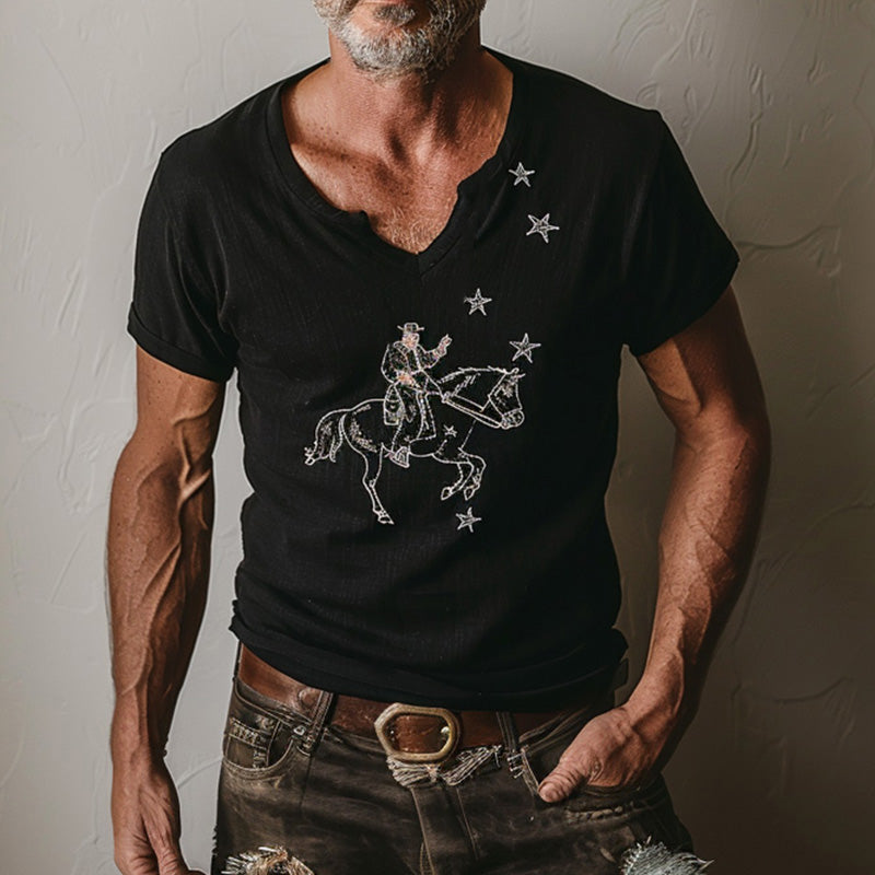 Men's Summer Cowboy Outfit Embroidered Linen Short Sleeve T-Shirt MTA2732D8P
