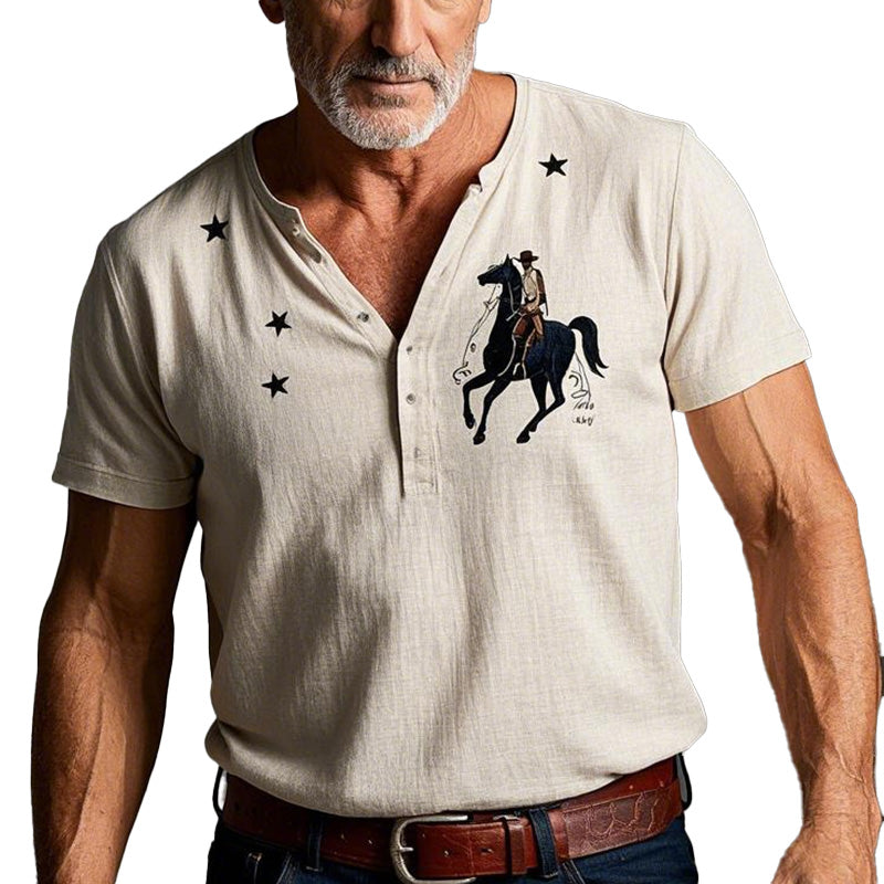 Men's Summer Fashion Denim Style Printed Short Sleeve Henley Shirt MTA2762D4P