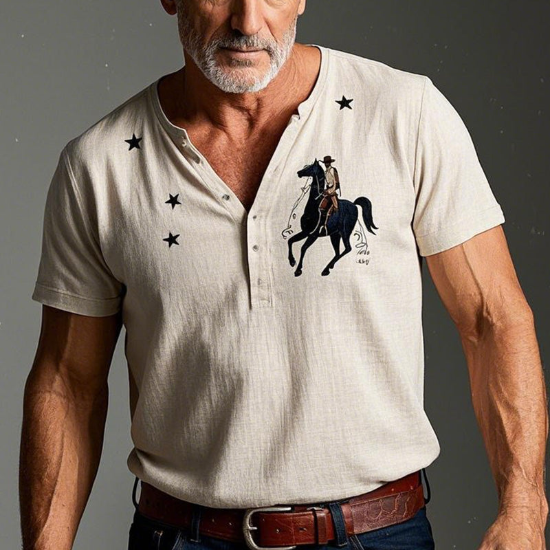 Men's Summer Fashion Denim Style Printed Short Sleeve Henley Shirt MTA2762D4P