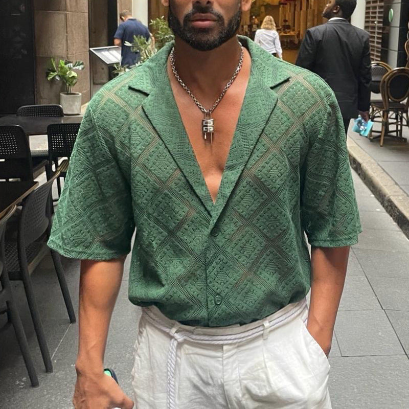 Men's Vacation Solid Lace Short Sleeve Shirt MTA2719D9X