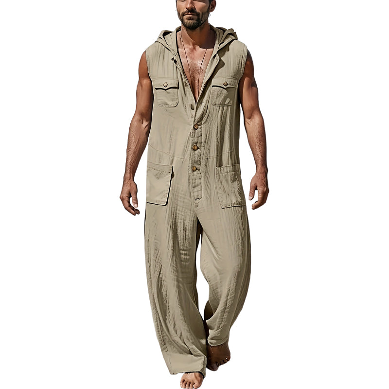 Men's Casual Cotton and Linen Resort Hooded Jumpsuit MTA2786D8X
