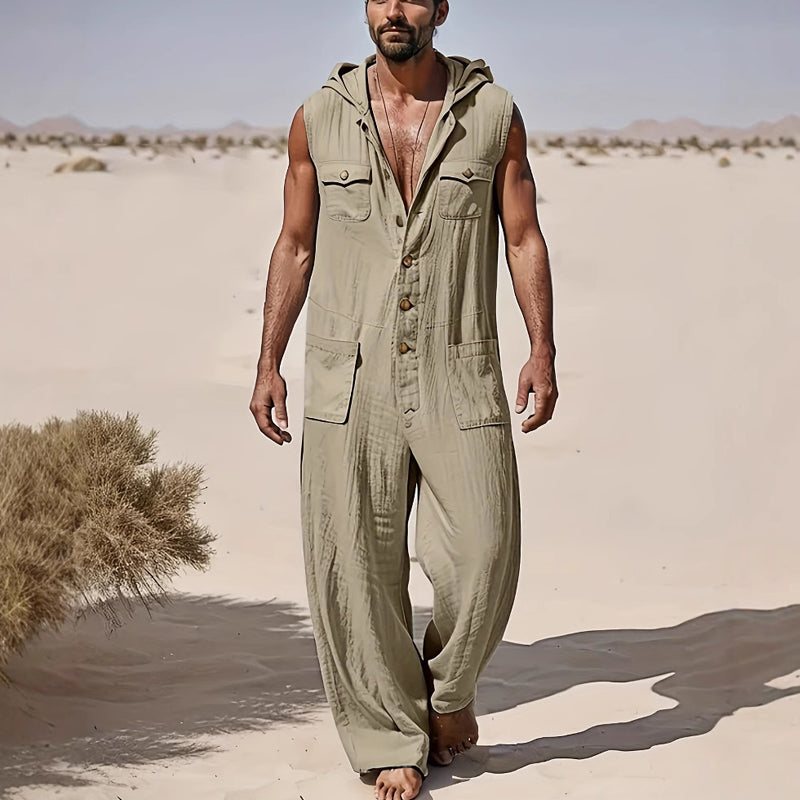 Men's Casual Cotton and Linen Resort Hooded Jumpsuit MTA2786D8X