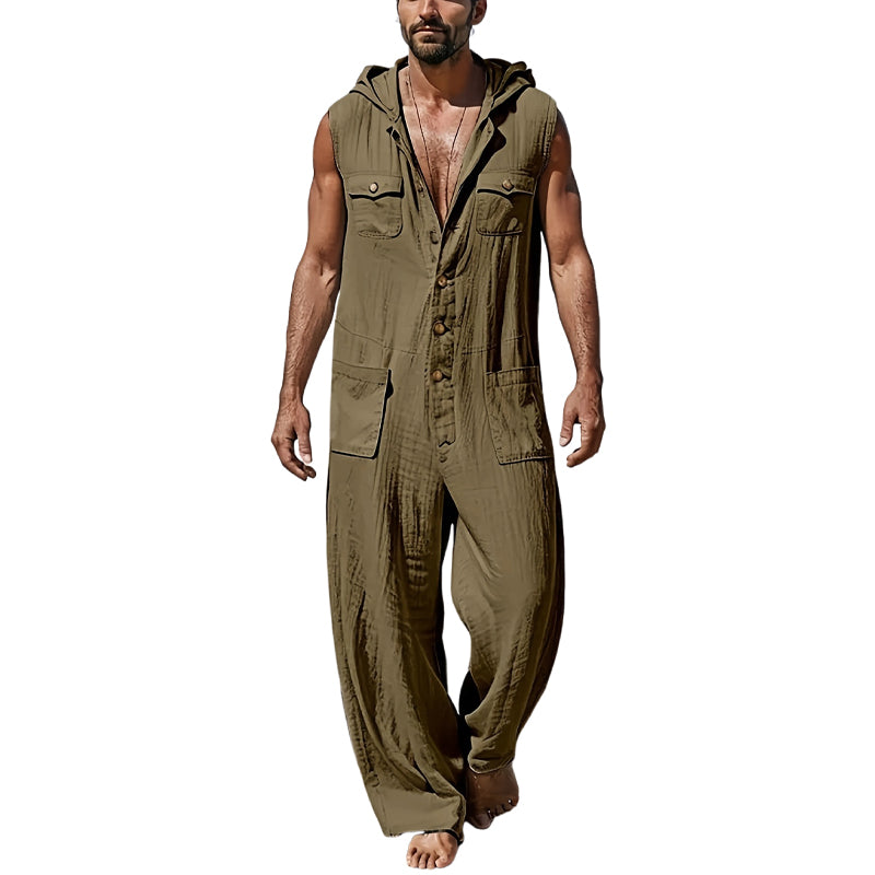Men's Casual Cotton and Linen Resort Hooded Jumpsuit MTA2786D8X