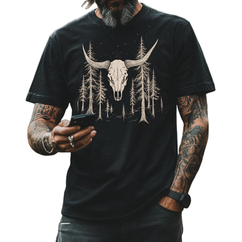 Men's Vintage Casual Forest Print Washing Crew Neck Short Sleeve T-Shirt MTA2754E7TO