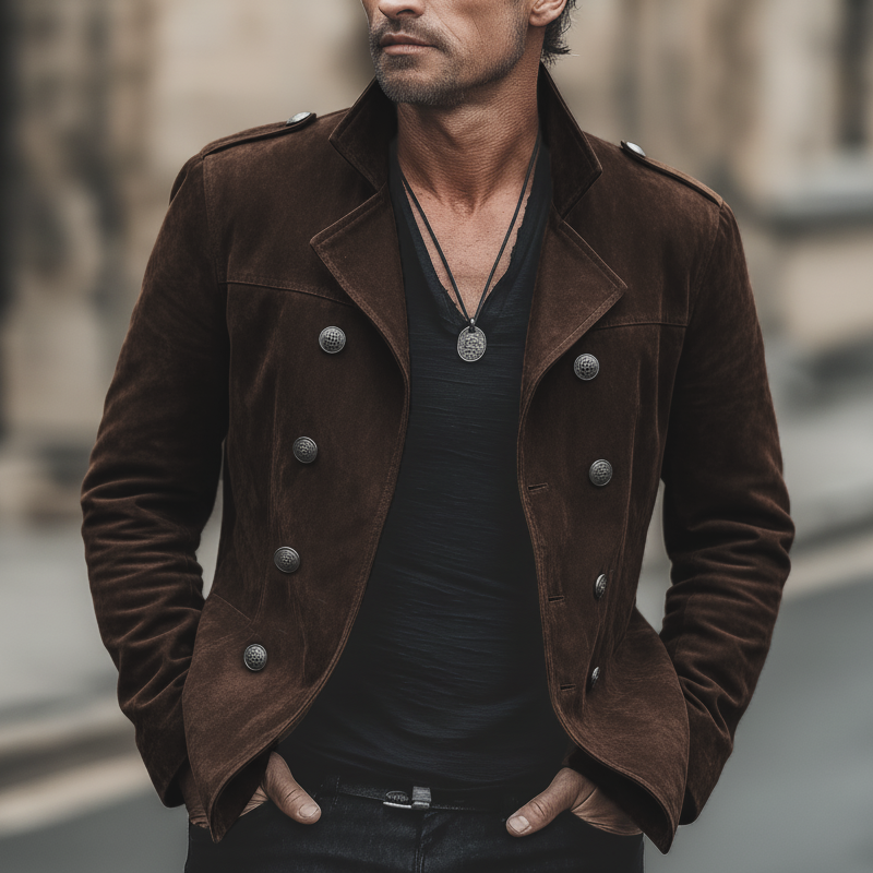 Men's Classic Chocolate Brown Double-breasted Notched Lapel Suede Jacket MTA0113L7U