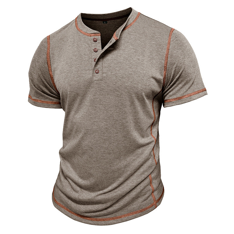 Men's Spring And Summer Fashion Casual Cotton Blended Henley Collar Slim Short Sleeve T-Shirt MTA3023F9K