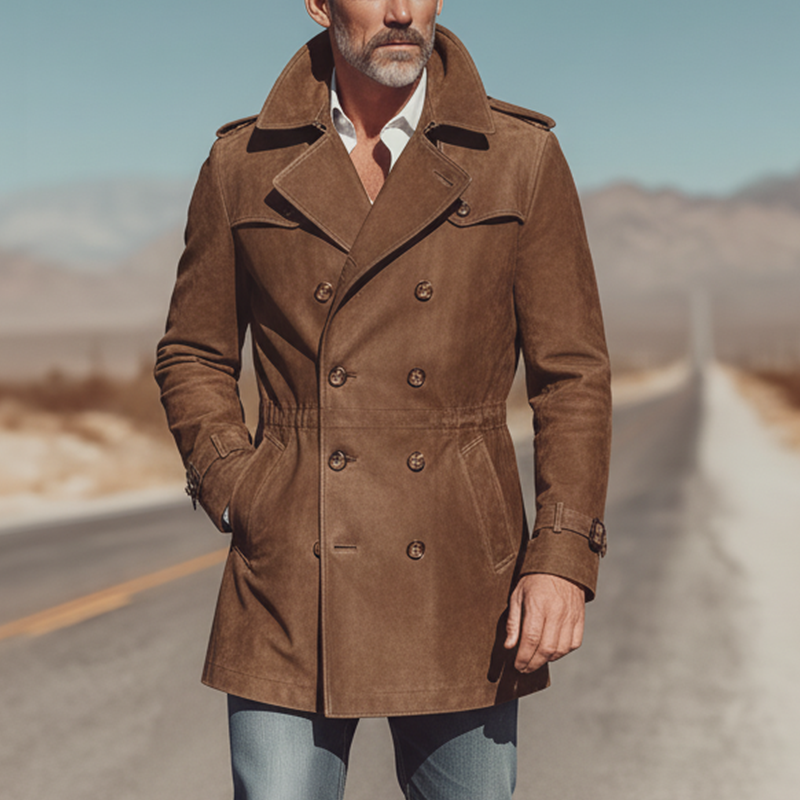 Men's Winter Vintage Double-Breasted Slim Mid-Length Faux Suede Coat MTA1448J0P