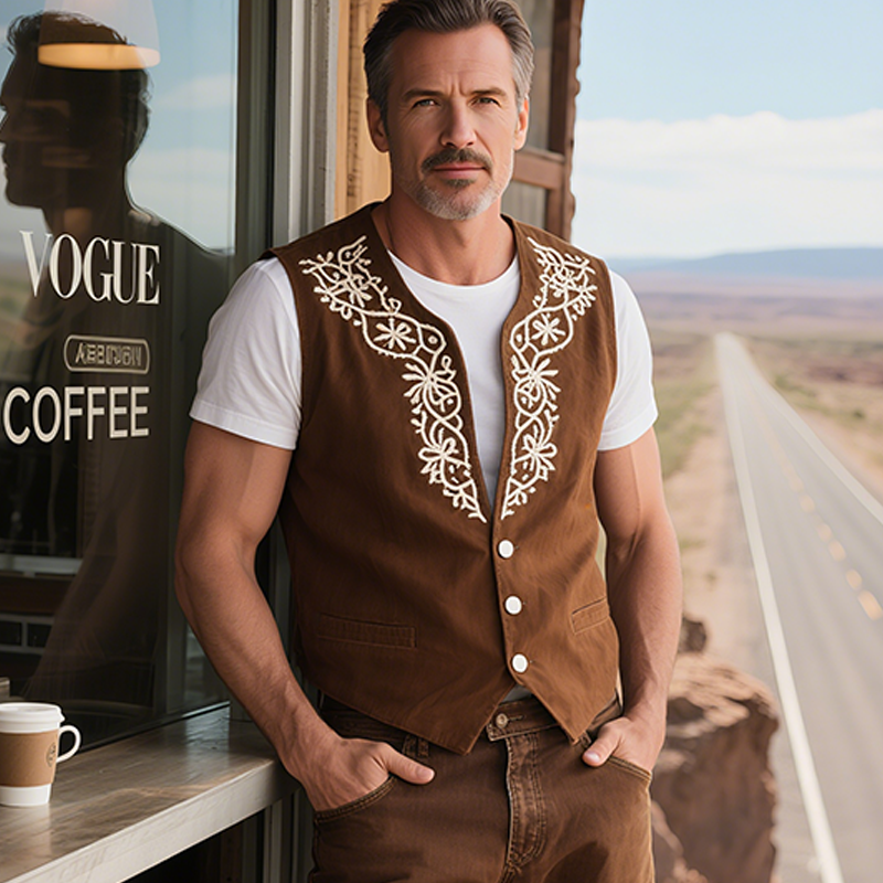 Men's Spring And Summer American Retro Western Style Thin Suede Embroidered Vest MTA1767F6K