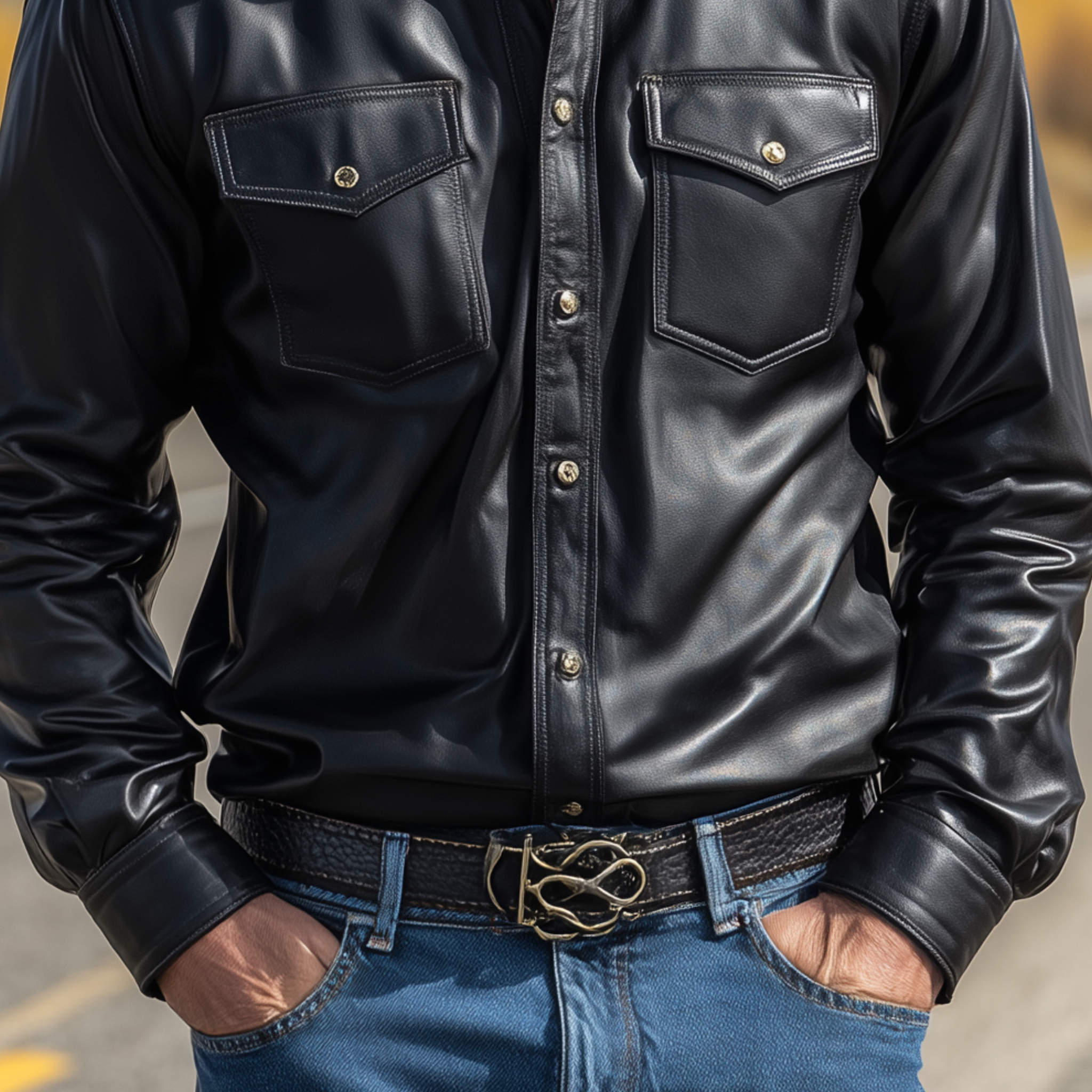 Men's Classic Fashion Casual Pu Leather Lapel Long Sleeve Shirt MTA0252H3K