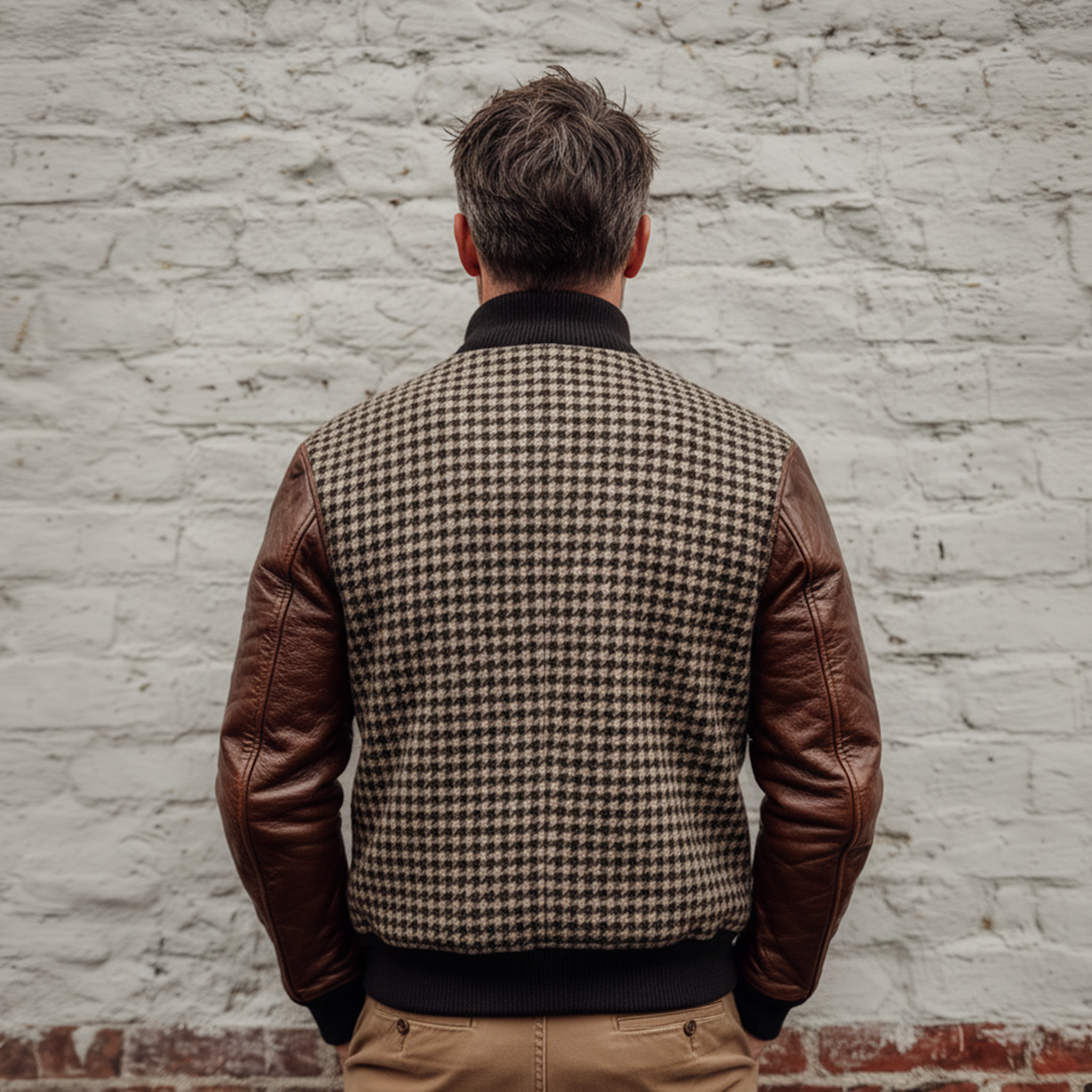Men's Classic Casual Sleeves Stitching PU Leather Button Imitation Houndstooth Flight Jacket MTA2108J4K