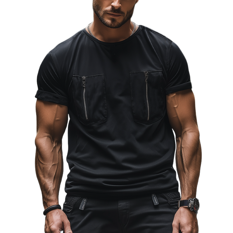 Men's Summer Fashion Zipper Pocket Round Neck Short Sleeve T-Shirt MTA2026F7U