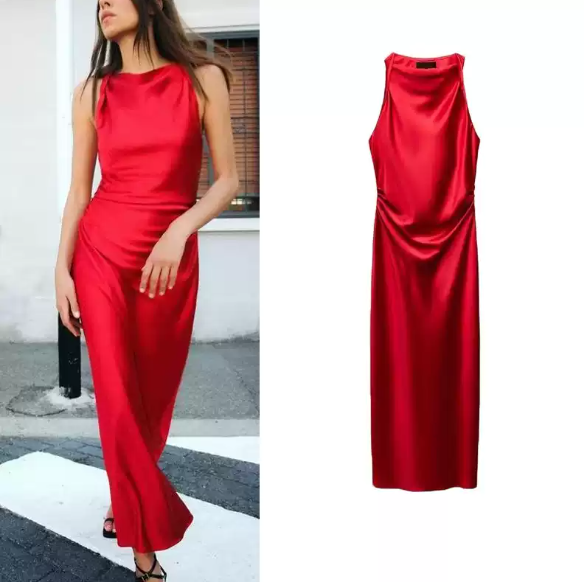 Women's Red Linen Dress With Spaghetti Straps & Square Neck, Timeless Boho-Resort Style Dress