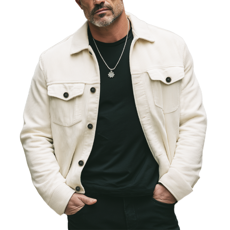 Men's Spring And Autumn Vintage White Corduroy Jacket MTA1870H1U