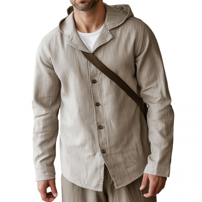 Men's Casual Solid Color Breathable Linen Lapel Hooded Loose Long Sleeve Shirt MTA1516G9M