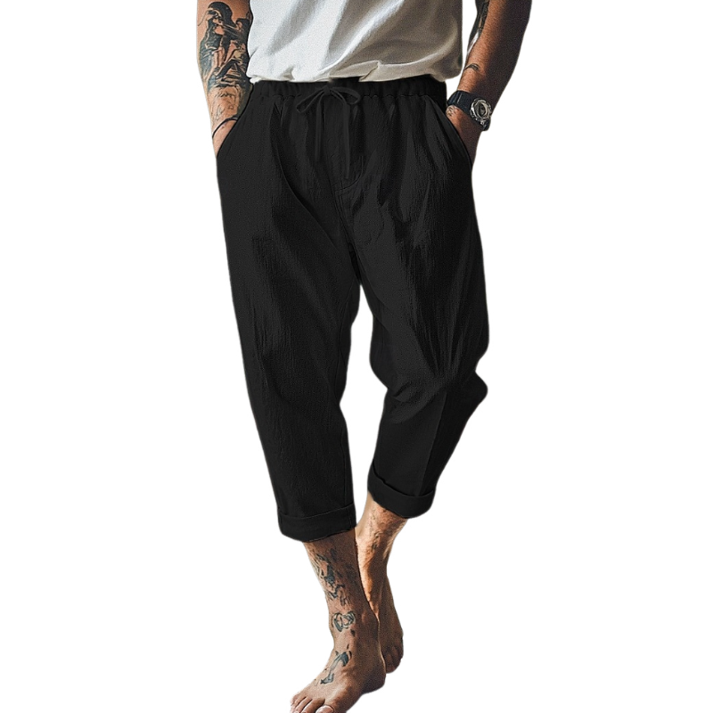 Men's Casual Breathable Cotton Linen Elastic Waist Loose Holiday Capri Pants MTA2346D4M