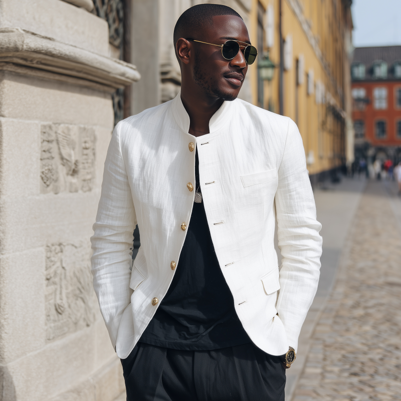 Men's Casual Solid Color Breathable Linen Stand Collar Single Breasted Slim Fit Blazer MTA2960G4M