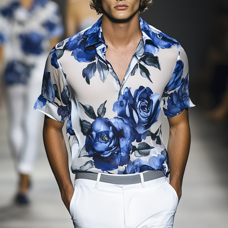 Men's Floral Hawaiian Vacation Short Sleeve Shirt MTA0671F9X