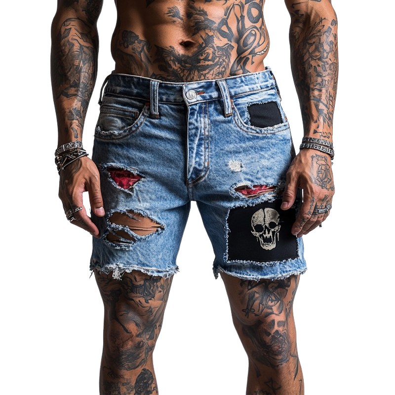 Men's Retro Skull Stitching Washed Denim Shorts MTA1794F6X