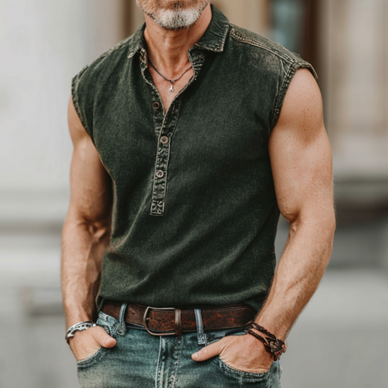 Men's Casual Outdoor Denim Washed Distressed Lapel Button Down Sleeveless Polo Shirt MTA2580F3M