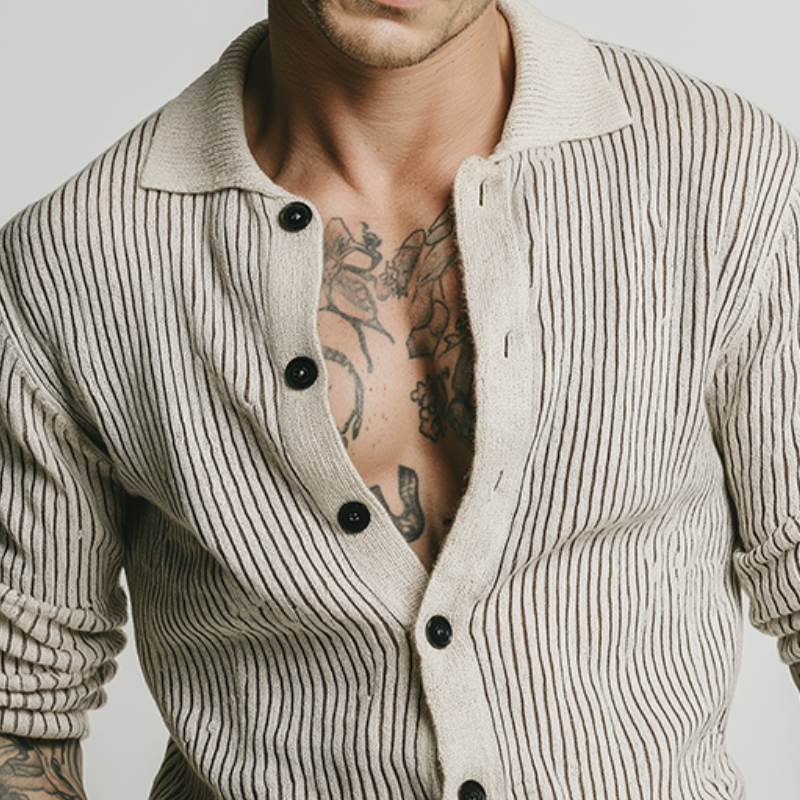 Men's Retro Casual Knit Striped Collarless Long-Sleeve Shirt MTZ0460B2TO