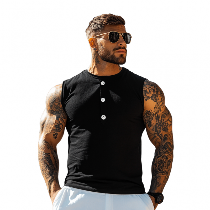 Men's Casual Breathable Cotton Henley Collar Slim Fit Sports Tank Top MTA2620E6M