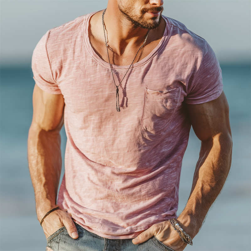 Men's Summer Solid Color Round Neck Slub Fabric Short Sleeve T-Shirt MTA1554G5U
