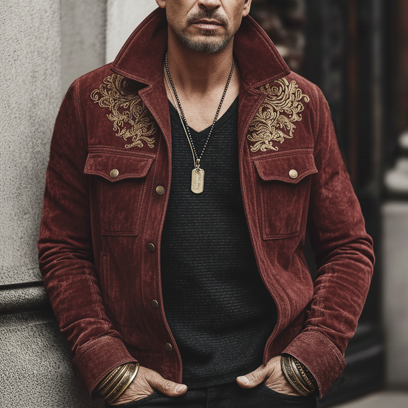 Men's Vintage Luxury Dark Red Suede Embroidered Lapel Jacket MTA0874L3U