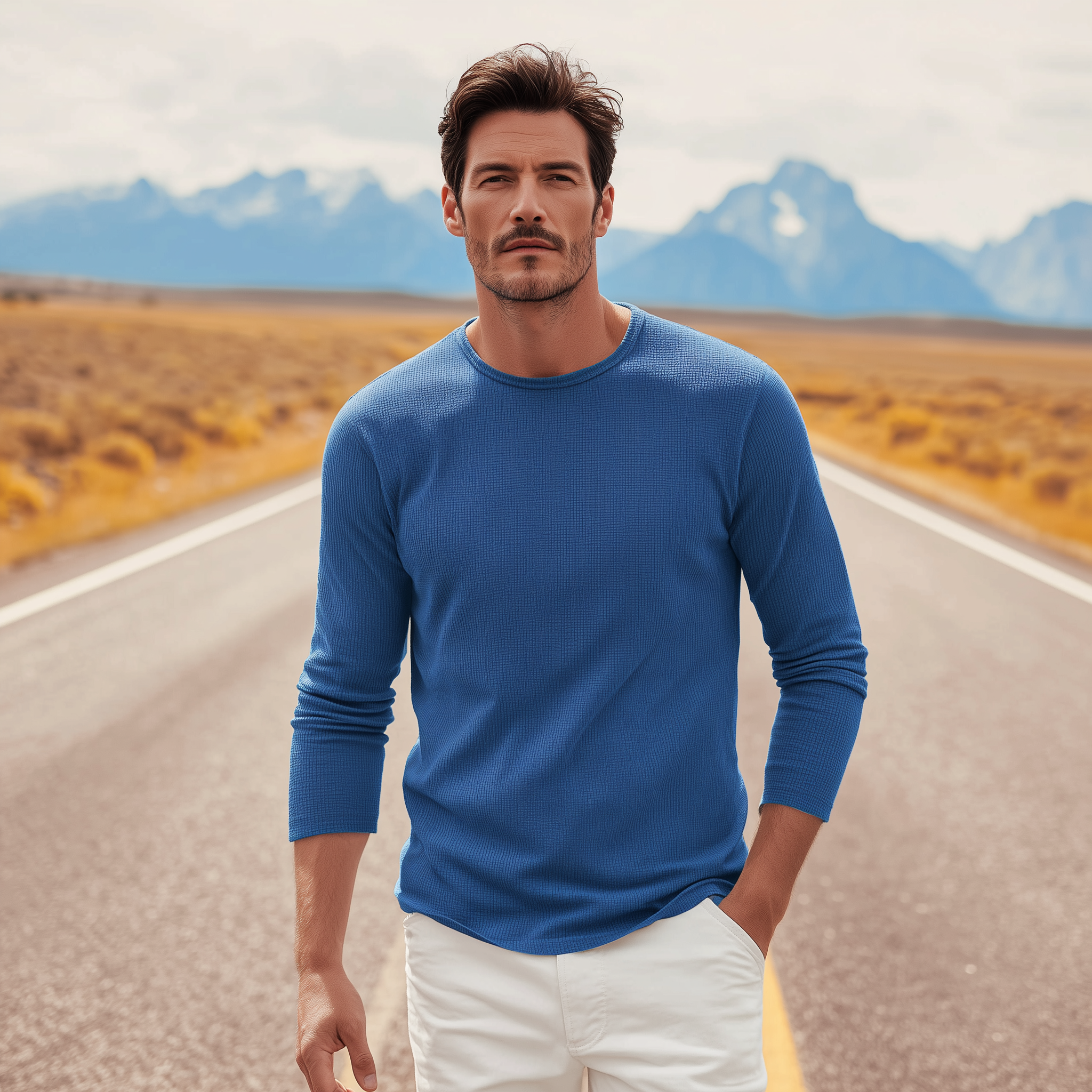 Men's Classic Casual Crew Neck Waffle Slim Fit Long Sleeve T-Shirt MTA0211H2K