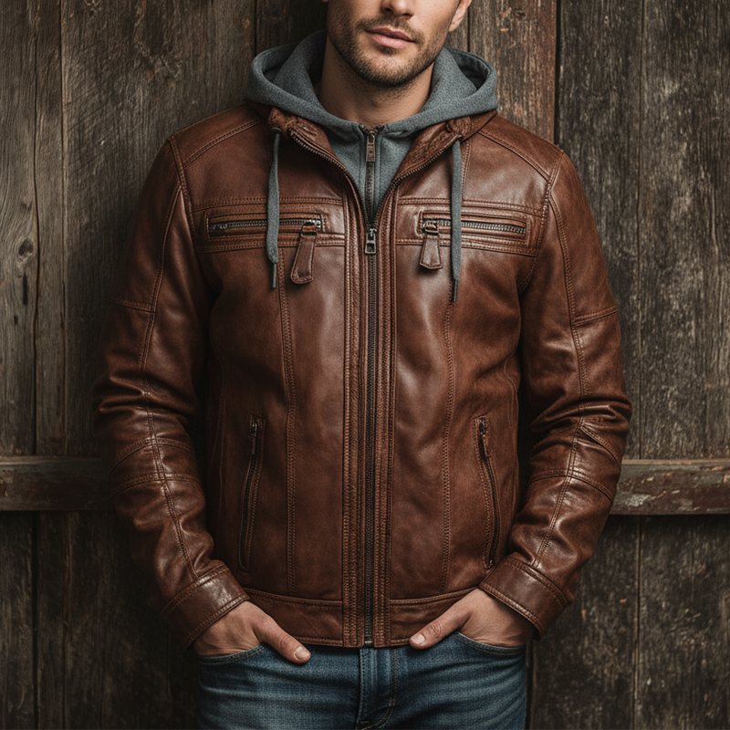 Men's Winter Fake Two-Piece Hooded Zipper Leather Jacket MTA1100J0P