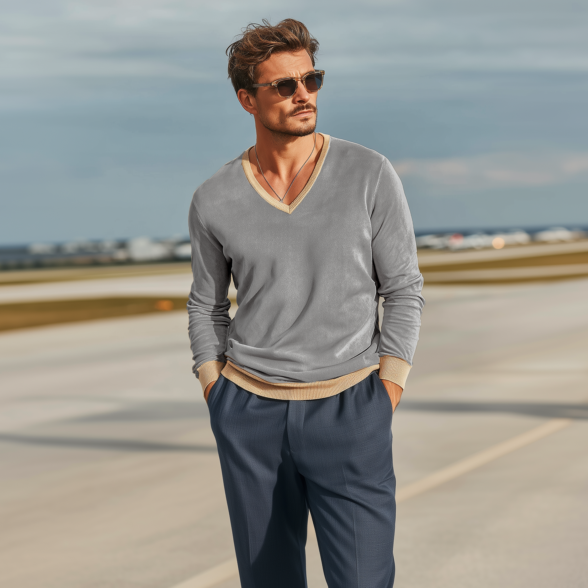 Men's Classic Casual Collar, Cuffs And Hem Ribbed Stitching Thin Suede V-neck Long-sleeved T-shirt MTA2323G5K