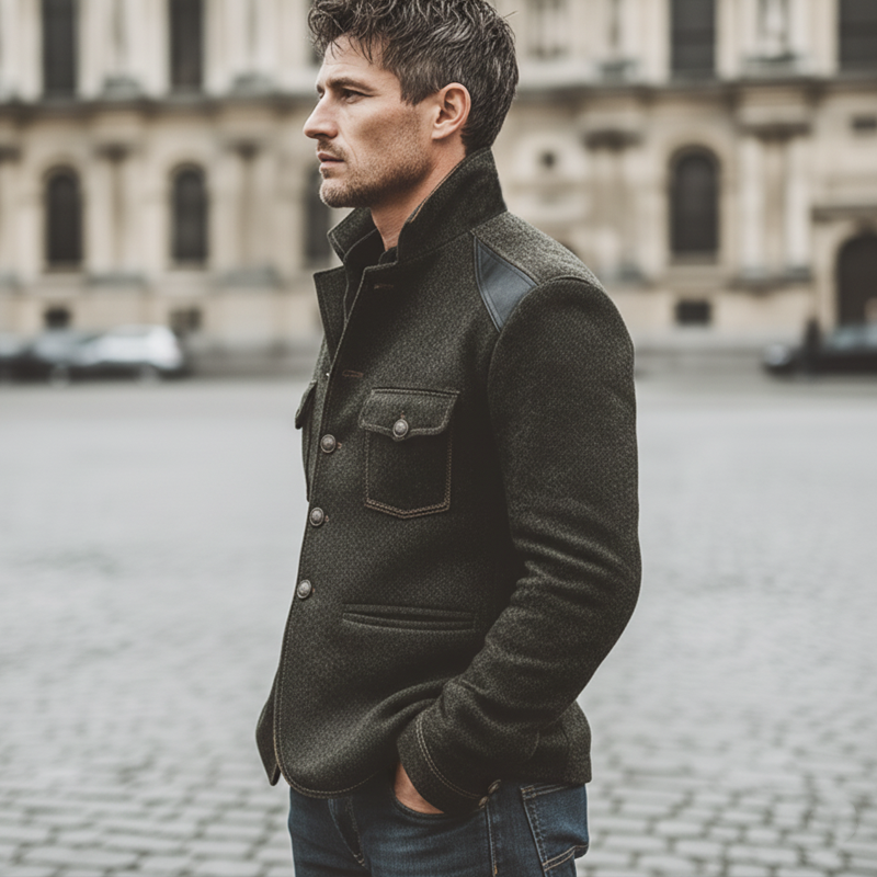 Men's Retro Stand Collar Faux Wool Patchwork PU Leather Single-Slit Jacket MTA2031K5U