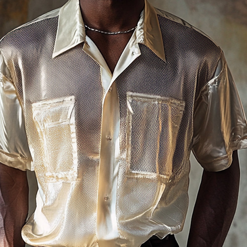 Men's Mesh Stitching Satin Solid Color Lapel Short-Sleeved Shirt MTA2780E0X