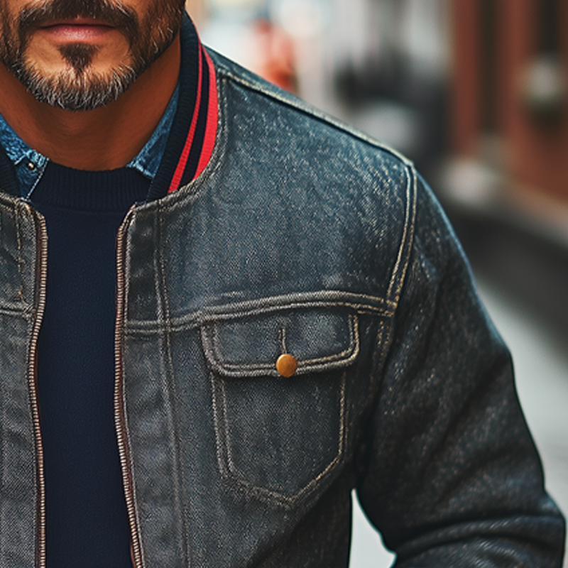 Men's Retro Baseball Collar Washed Denim Zip-Up Jacket MTA2870J1X