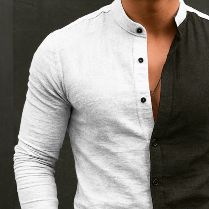 Men's Retro Casual Cotton And Linen Colorblock Stand Collar Long Sleeve Shirt MTA2835G7TO