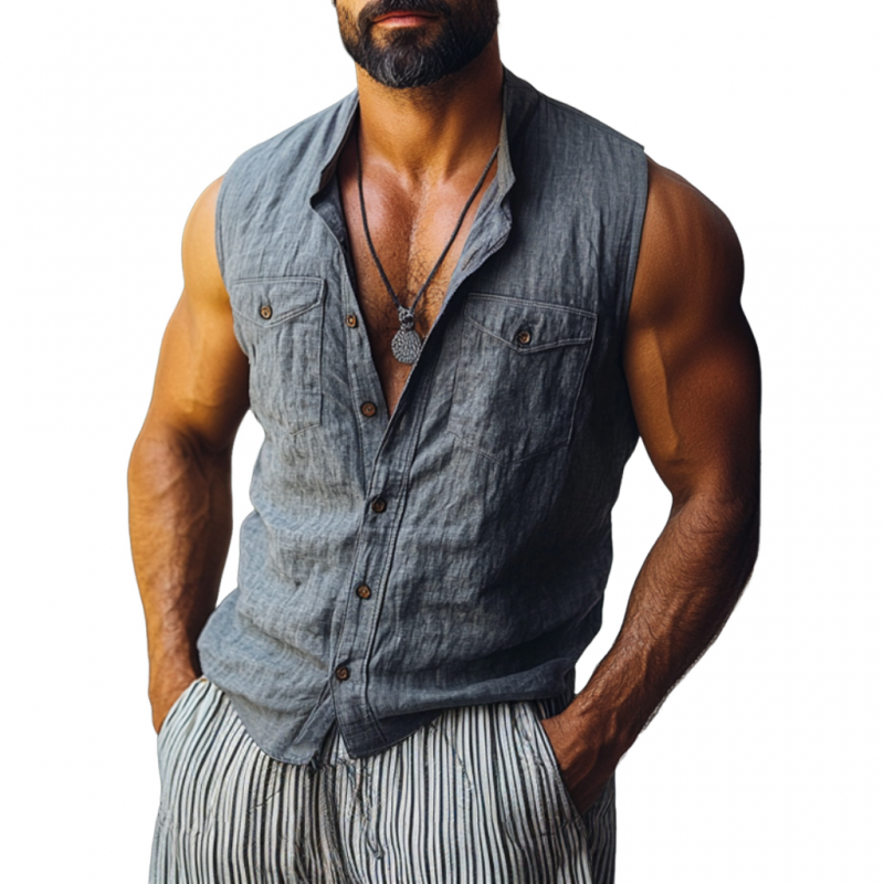Men's Casual Solid Color Breathable Linen Lapel Chest Pocket Sleeveless Shirt MTA2948E4M
