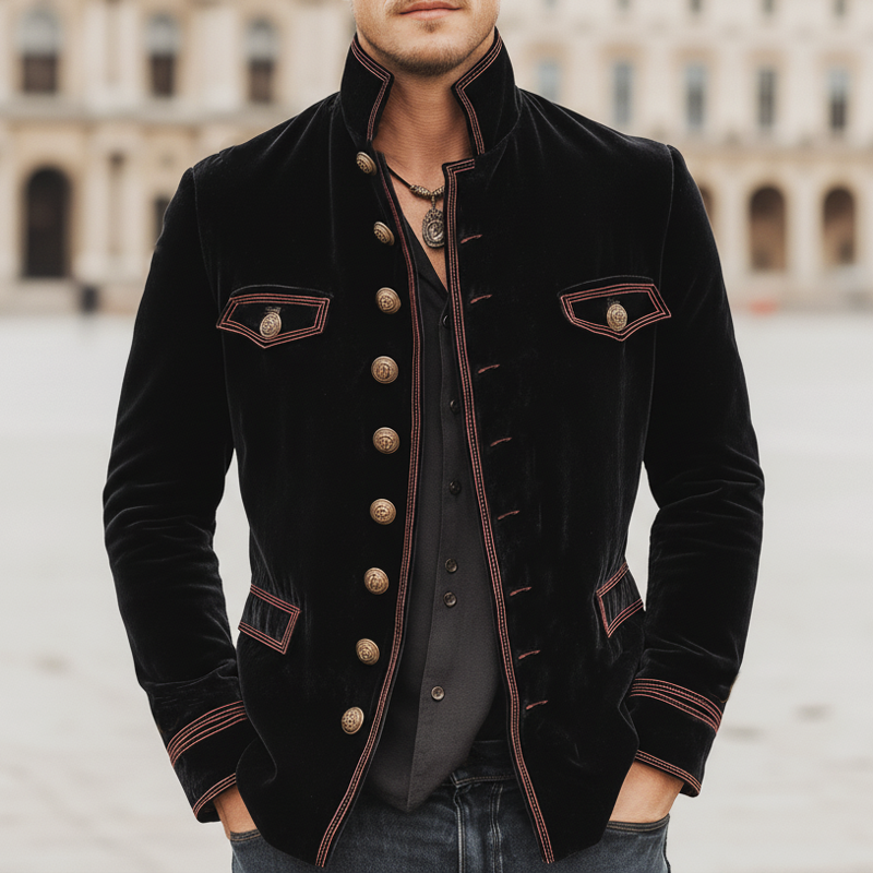 Men's Retro Velvet Stand Collar Multi-Button Slim Fit Jacket MTA1188K3U