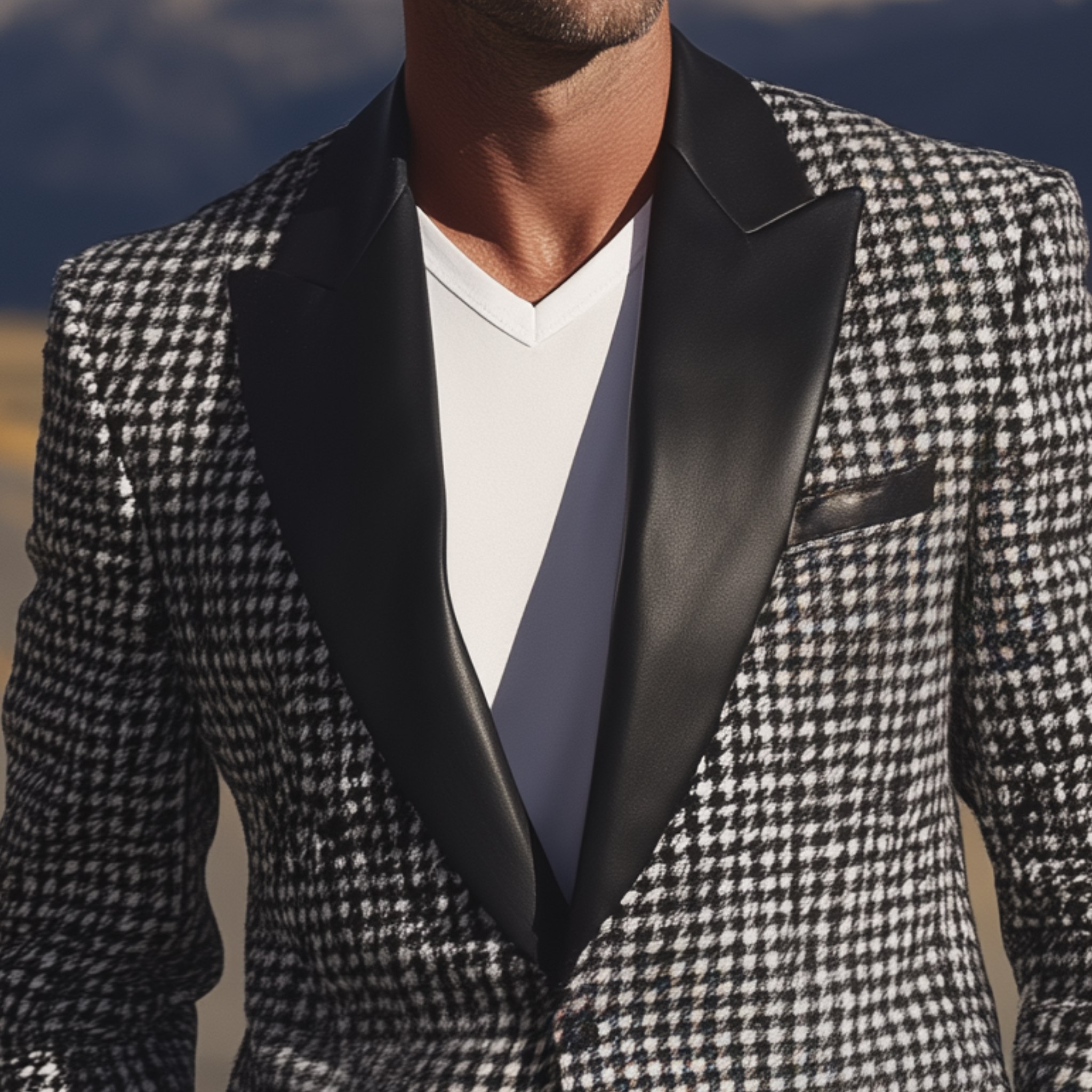 Men's Classic Casual And Light Business PU Leather Collar Single-breasted Houndstooth Slim-fit Blazer MTA0907I3K