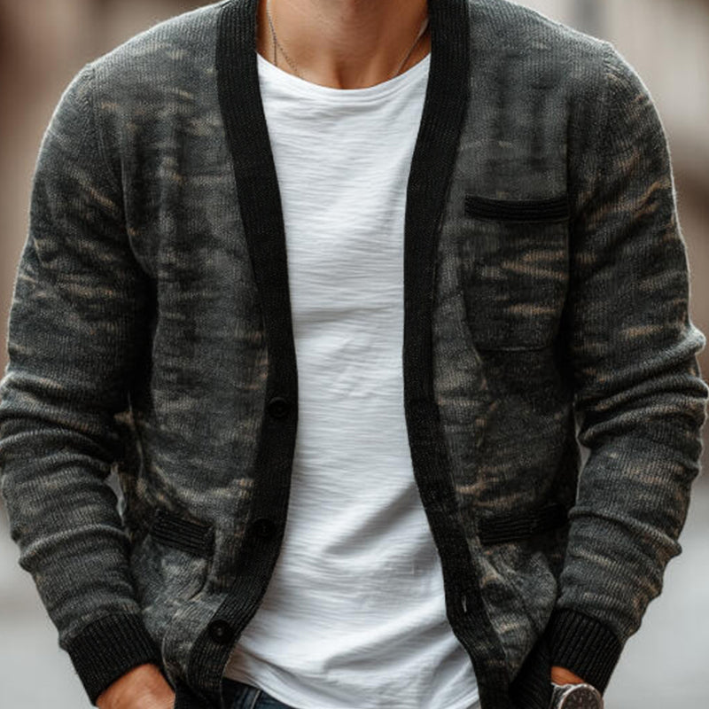 Men's Casual Camouflage Jacquard V-neck Single-breasted Slim Fit Knit Cardigan MTA2162H8M