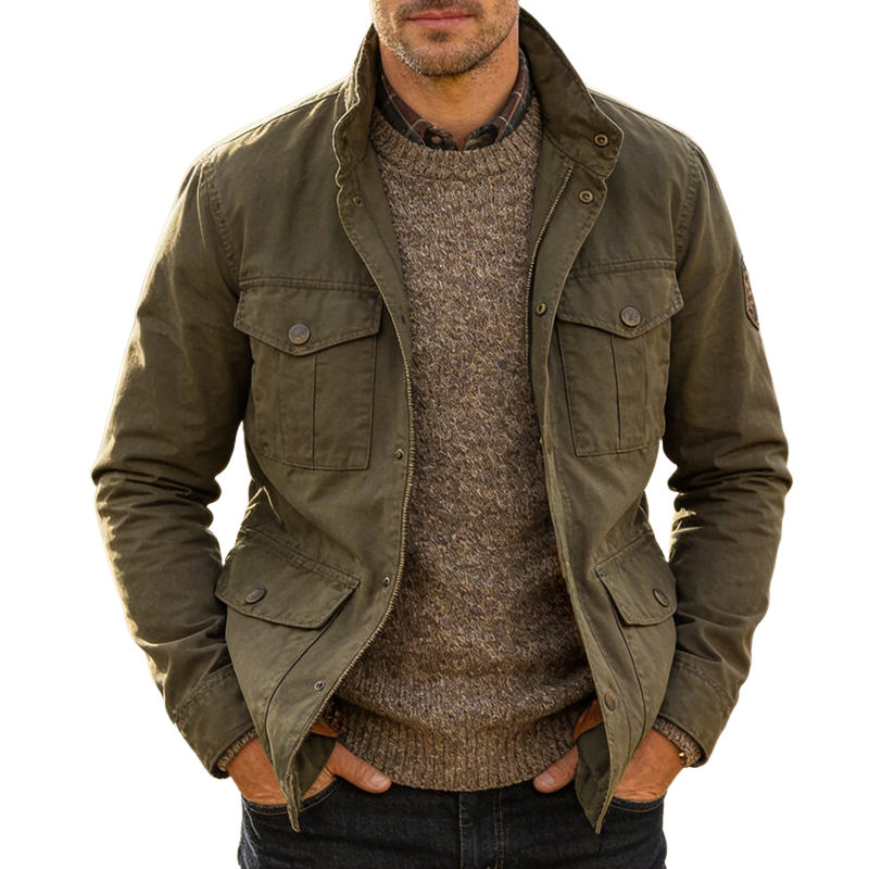 Men's Retro Casual Cotton Multi-Pocket Washed Zipper Stand Collar Jacket MTA1280L4TO