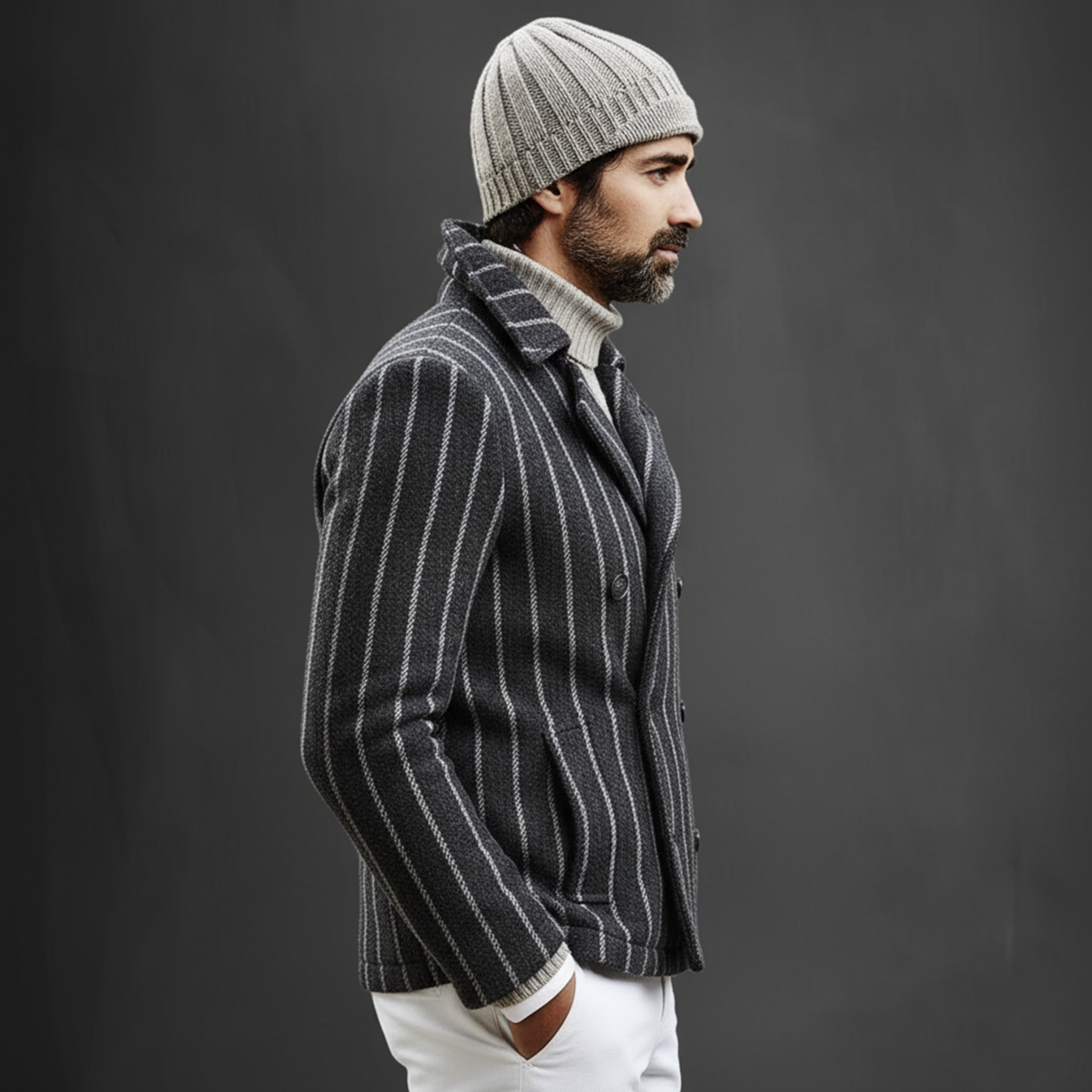 Men's Classic Retro Lapel Vertical Striped Fuax Wool Double-breasted Jacket MTA2419I0K