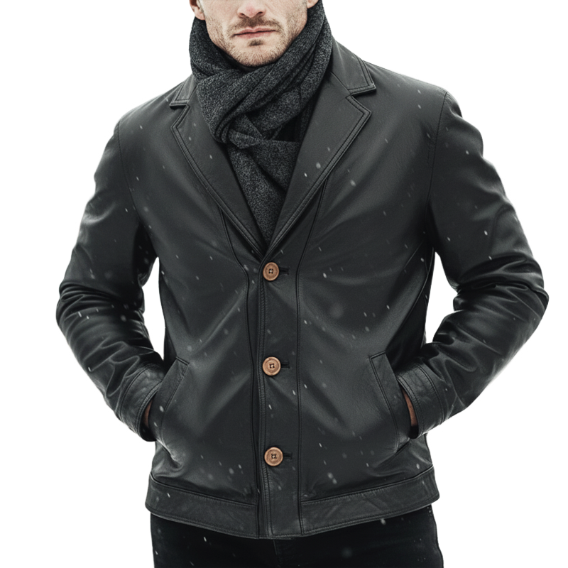 Men's Business Style Notched Lapel Button-up Black PU Leather Jacket MTA0162L2U