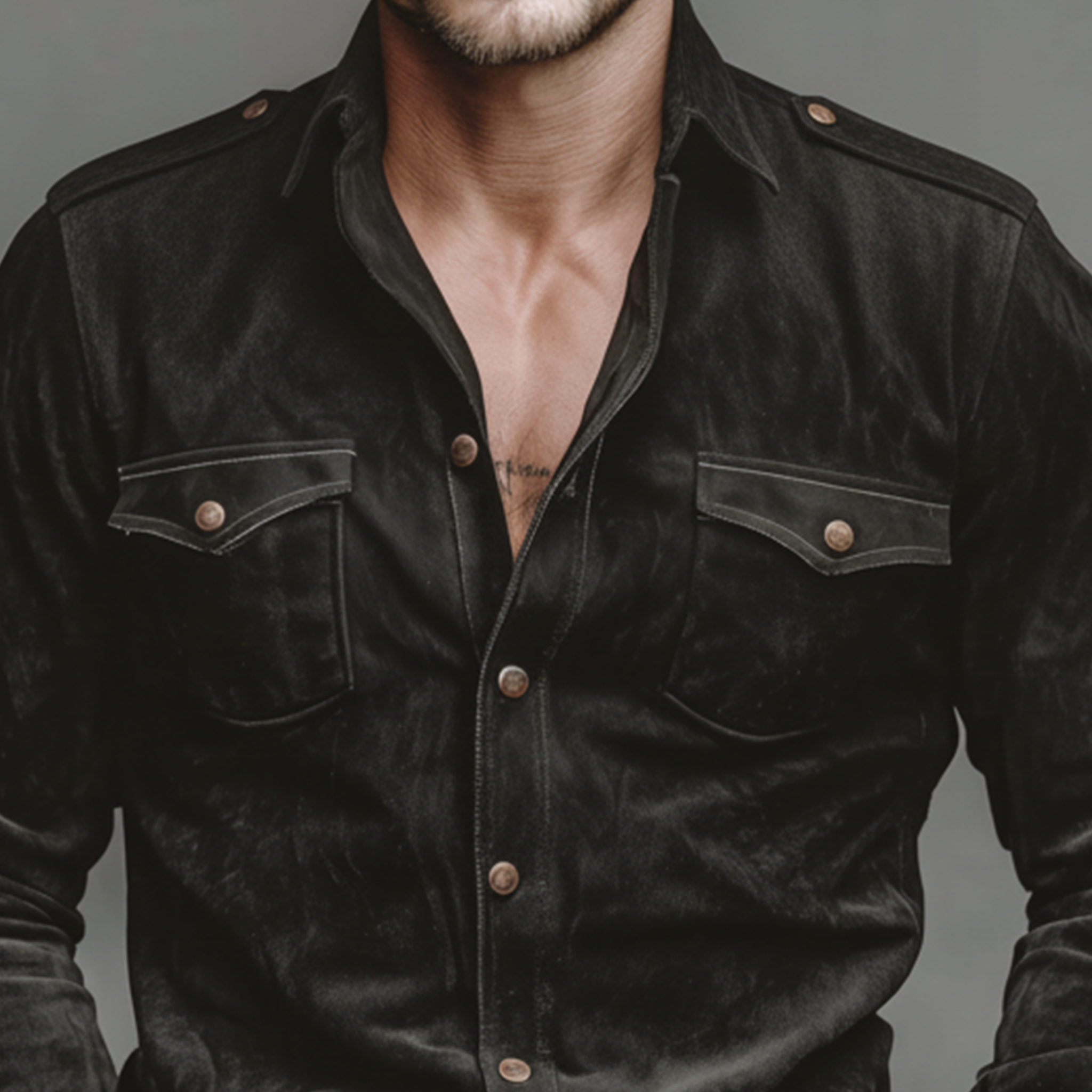 Men's Classic Retro Western Style Epaulette Design Faux Suede Long-sleeved Shirt MTA1741K5K