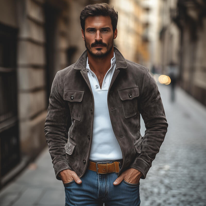 Men's Vintage Solid Color Faux Suede Lapel Single-Breasted Slim Fit Multi-Pocket Work Jacket MTA2183H5M