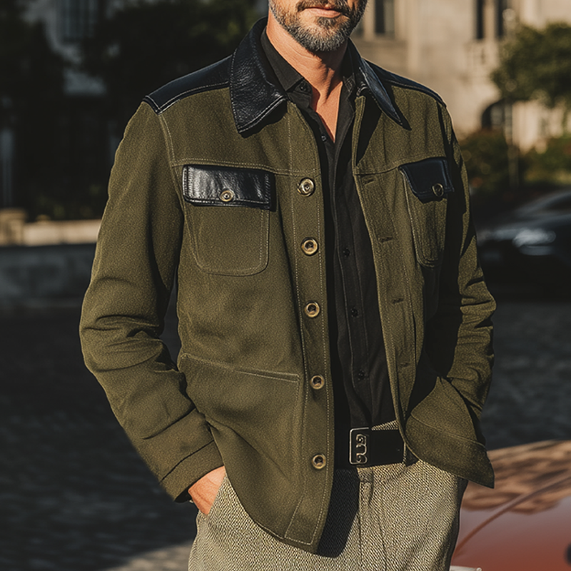 Men's Classic Colorblock Tweed And PU Leather Button Jacket MTA1636I4U