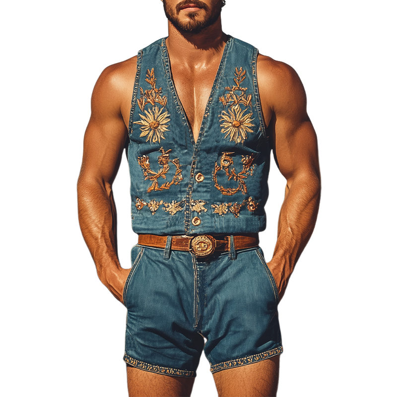 Men's Summer Fashion Retro Western Cowboy Style Embroidered Jumpsuit (Without Belt) MTA1787D0K
