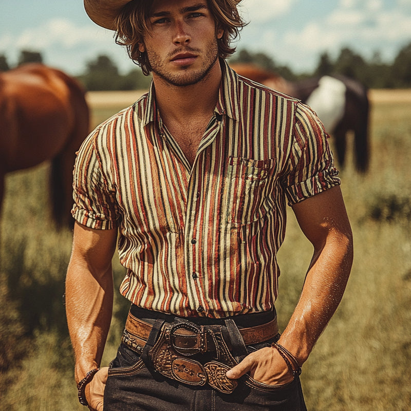 Men's Western Cowboy Striped Print Short Sleeve Shirt MTA1503E0X