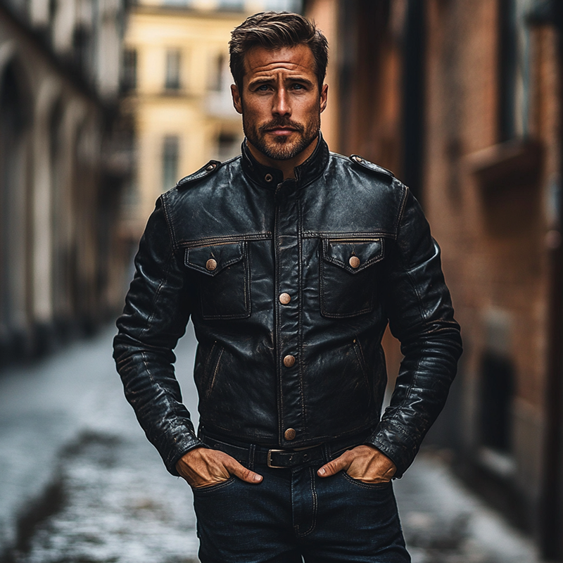 Men's Retro Motorcycle Style Multi-Pocket Stand Collar PU Jacket MTA1862H4X