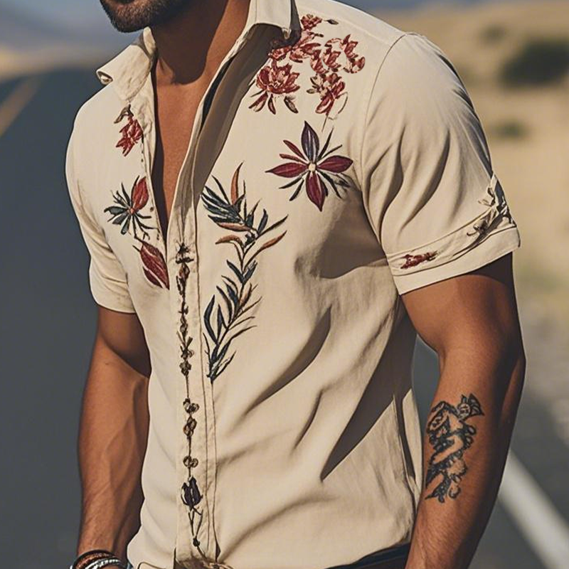 Vår-/sommermote for menn i retro westernstil semsket brodert kortermet skjorte MTA1533D2K