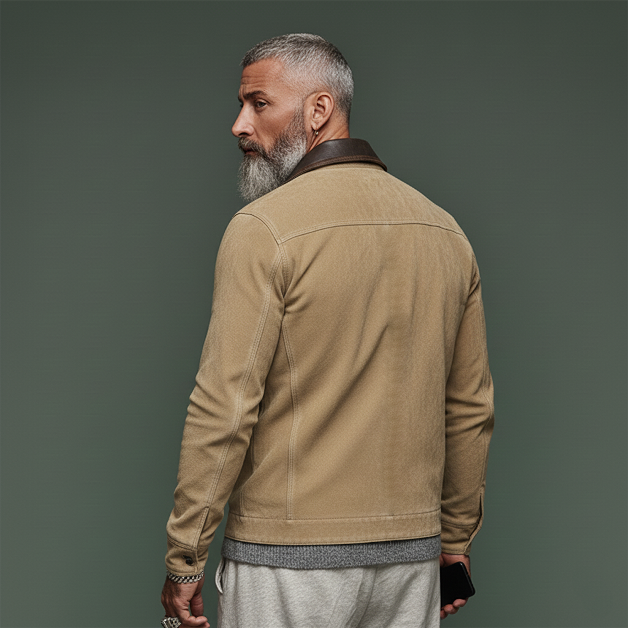 Men's Classic Vintage PU Leather Collar Zip-up Washed Cotton Blend Jacket MTA1791L8K